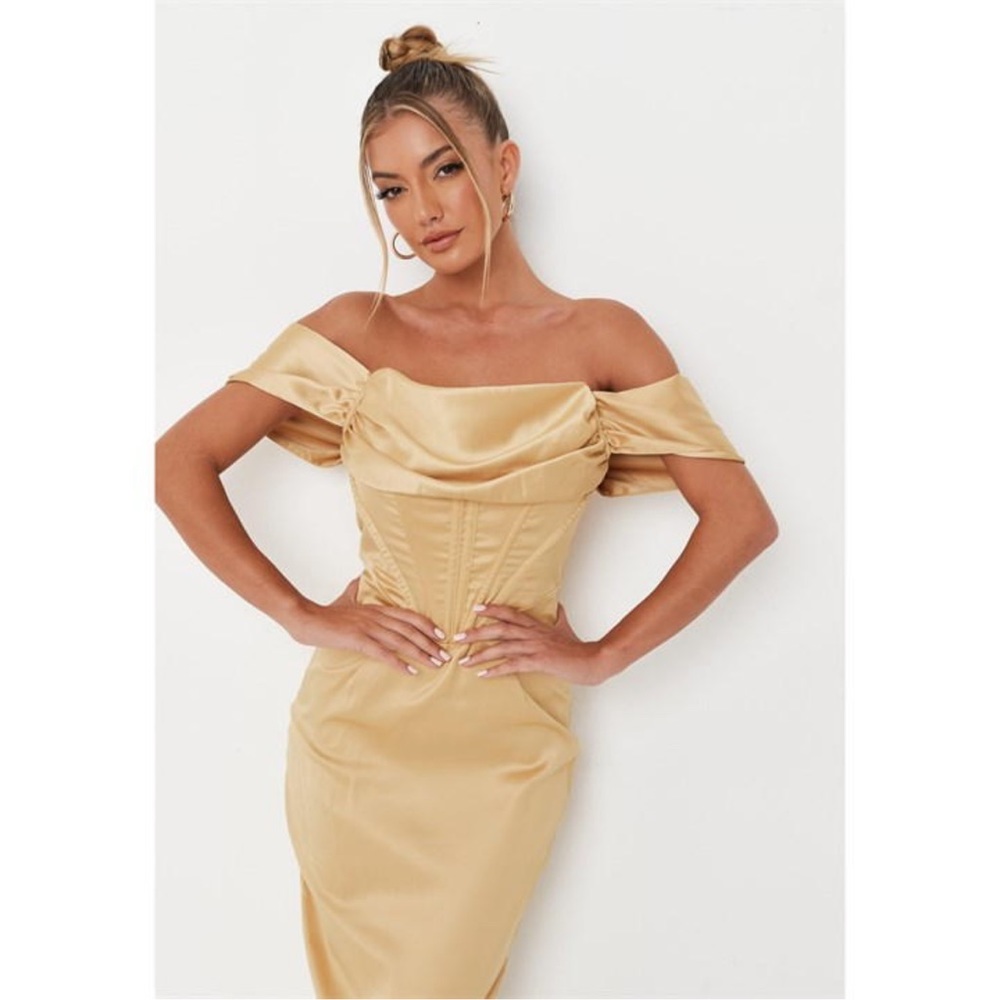 Mustard Satin Drape Corset MIDI dress